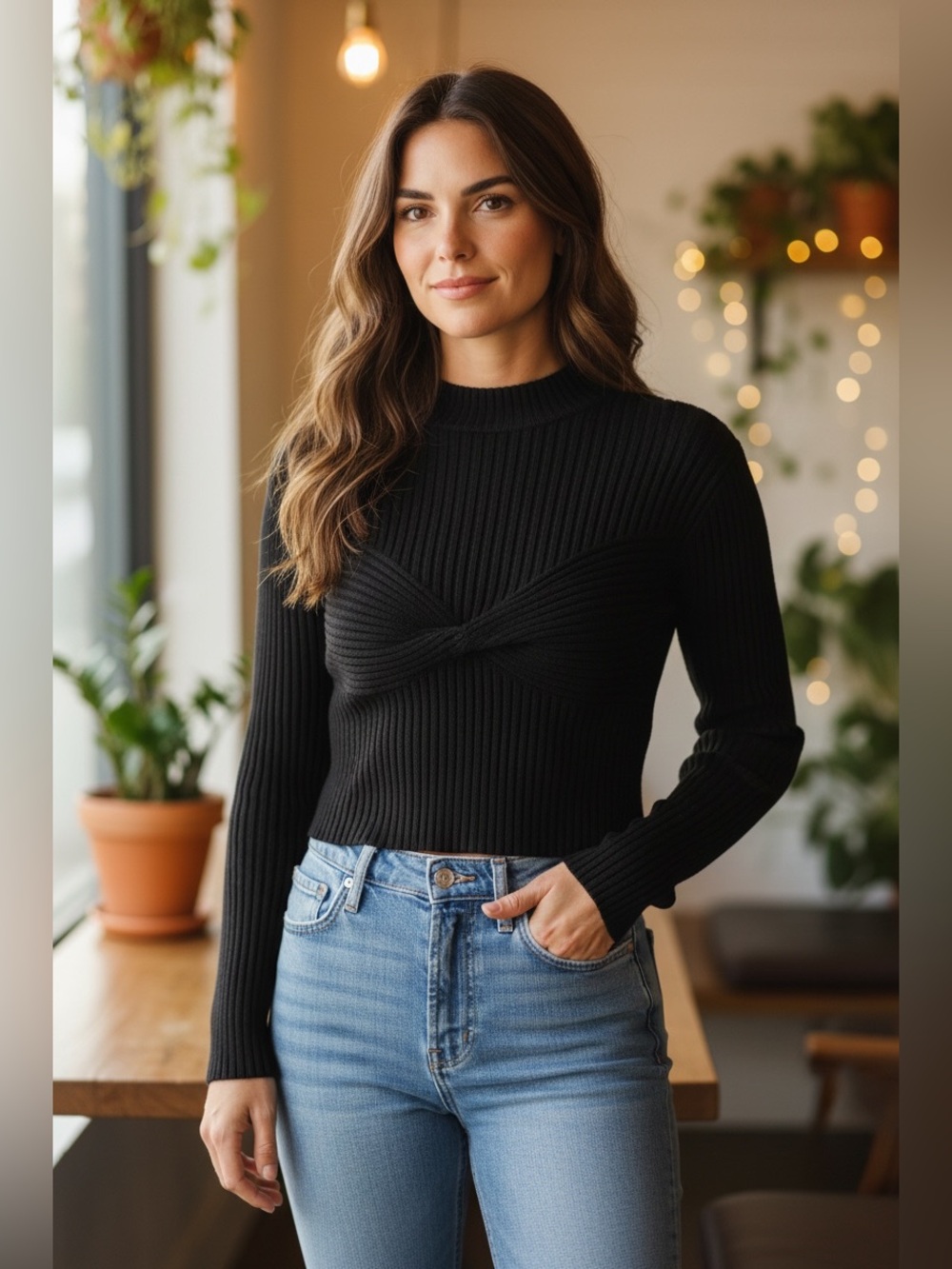 Women's GB Rib-Knit Twist Front Long-Sleeve Top - Black